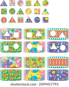 The picture has various shapes (triangle, square, circle) and images (dinosaur, avocado, bear, planet) inside colorful rectangular frames. Each frame has a different pattern on its borders.