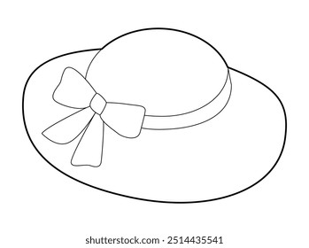 Picture Hat with Bow. Summer Bonnet Head Fashion accessory cap with wide brim clothing technical illustration. Vector headgear for Men, women, unisex style, flat template CAD mockup sketch isolated