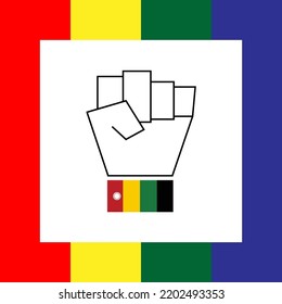 En la imagen hay fondo rojo, verde, amarillo, azul, en el medio hay un cuadrado blanco, dentro hay una mano negra.
