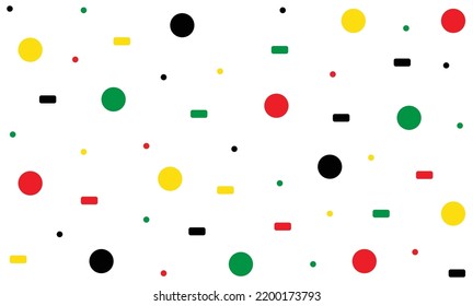 In picture have circles and squares, small and large, red, yellow, green and black with white background.
