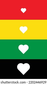 In picture have red, yellow, green, black and have four white hearts.
