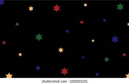 In picture have small and large hexagons, red, yellow, green and blue with black background.
