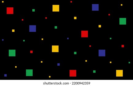 In picture have small and large squares, red, yellow, green and blue with black background.For juneteenth day.
