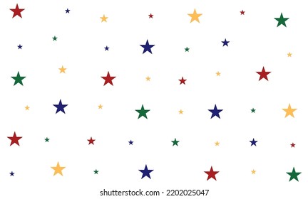 In picture have small and large stars, red, yellow, green and blue with white background
