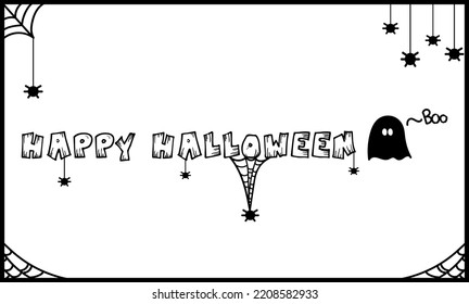 In Picture Have White Background With Black Caption And Spider Webs, Spiders, Cute Ghosts.
