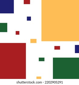 In picture have white background and four colored squares Small and large, blue, red, yellow and green.
