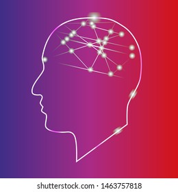 In the picture, the head of a man with luminous elements. A person who thinks, thinks. Human technology.