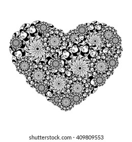 Picture of the heart of stylized flowers in black and white colors. Isolated on white background. Vector illustration.