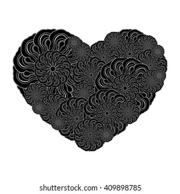 Picture of the heart of stylized flowers in black and white colors. Isolated on white background. Vector illustration.