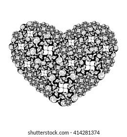 Picture of the heart of stylized flowers in black and white colors. Isolated on white background. Vector illustration.