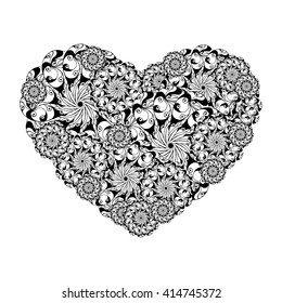 Picture of the heart of stylized flowers in black and white colors. Isolated on white background. Vector illustration.