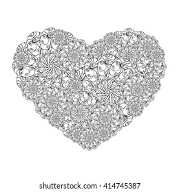 Picture of the heart of stylized flowers in black and white colors. Isolated on white background. Vector illustration.