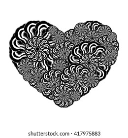 Picture of the heart of stylized flowers in black and white colors. Isolated on white background. Vector illustration.