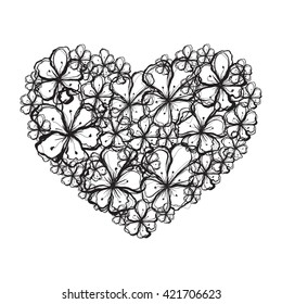 Picture of the heart of stylized flowers in black and white colors. Isolated on white background. Vector illustration.