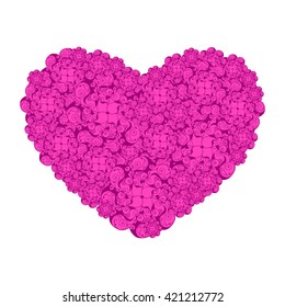 Picture of the heart of stylized flowers in bright fuchsia and mauve colors. Isolated on white background. Vector illustration.