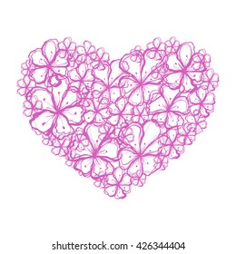 Picture of the heart of stylized flowers of stylized flowers in bright purple and white colors. Isolated on white background. Vector illustration.