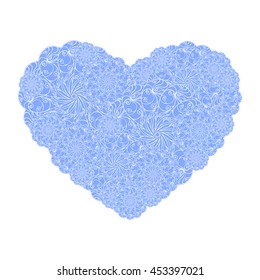 Picture of the heart of stylized flowers of stylized flowers in cornflower blue and white colors. Isolated on white background. Vector illustration.