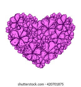 Picture of the heart of stylized flowers in dark violet and bright magenta colors. Isolated on white background. Vector illustration.
