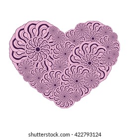 Picture of the heart of stylized flowers in dark violet and pale pink colors. Isolated on white background. Vector illustration.