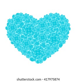 Picture of the heart of stylized flowers in light cyan and bright turquoise colors. Isolated on white background. Vector illustration.