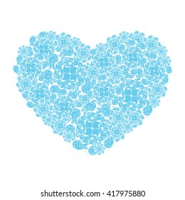 Picture of the heart of stylized flowers of stylized flowers in light turquoise and white colors. Isolated on white background. Vector illustration.