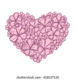 Picture of the heart of stylized flowers in light mauve and pale pink colors. Isolated on white background. Vector illustration.