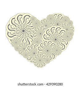 Picture of the heart of stylized flowers in pale yellow and gray colors. Isolated on white background. Vector illustration.