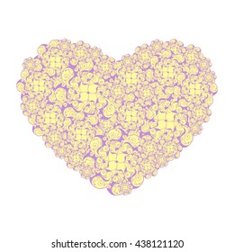 Picture of the heart of stylized flowers in pale magenta and yellow colors. Isolated on white background. Vector illustration.