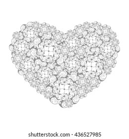 Picture of the heart of stylized flowers in smoky white and light gray colors. Isolated on white background. Vector illustration.