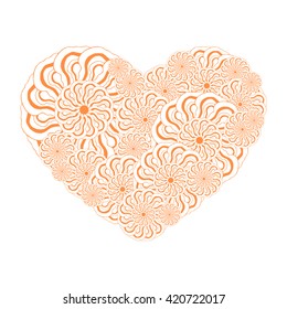 Picture of the heart of stylized flowers in white and bright orange colors. Isolated on white background. Vector illustration.