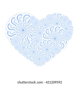 Picture of the heart of stylized flowers in white and light cornflower blue colors. Isolated on white background. Vector illustration.