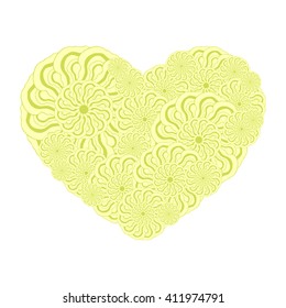 Picture of the heart of stylized flowers in yellow-green and olive colors. Isolated on white background. Vector illustration.