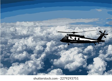 Picture of helicopter above the clouds. Helicopter vector drawing. Image for illustration and infographics.