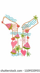 Picture Hello Summer! Legs, Sunburn, tattoo, fruit, watermelon, strawberry, flowers, ring, heart. Colorful hand drawn vector stock illustration.
