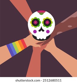 Foto do feriado Dia de Los Muertos para o Dia dos Mortos. Mãos de pessoas de diferentes nacionalidades com o scull. Ilustração de vetor plano.