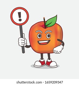 A picture of Honeycrisp Apple cartoon mascot character rise up a warning sign