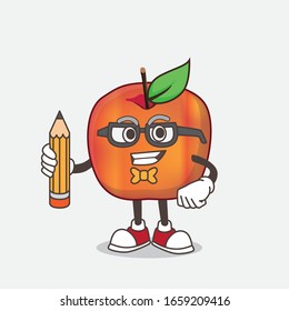 A picture of Honeycrisp Apple cartoon mascot character holding pencil