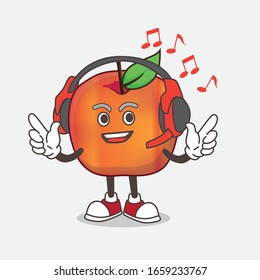 A picture of Honeycrisp Apple cartoon mascot character Listening music on a headset