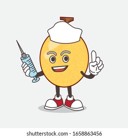 A picture of honeydew cartoon mascot character as nurse with medical syringe