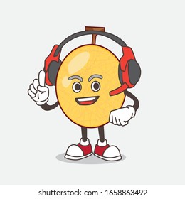 A picture of honeydew cartoon mascot character speaking on a headphone