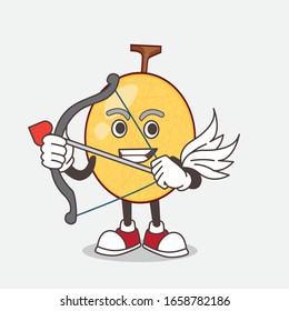 A picture of honeydew melon cartoon mascot character Cupid with arrow and wings