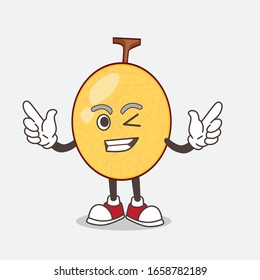 A picture of honeydew melon cartoon mascot character with Winking eye