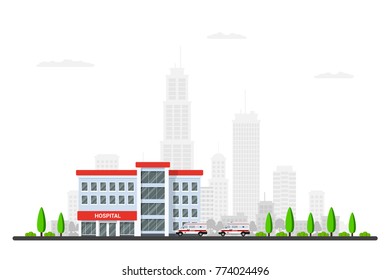 Picture of hospital building with ambulance cars, trees and bi city sillhouette on background. Flat style illustration.