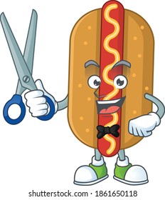 A picture of hotdog Barber cartoon character working with scissor. Vector illustration
