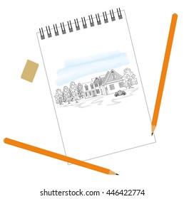 Picture House in nature, drawn in a notebook. It lies next to the eraser and pencils. vector illustration.