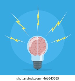 picture of human brain inside a light bulb and a lightning around, brainstorming, new idea and creativity concept, flat style illustration