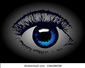 Picture of a human eye with eyelashes and a highlight on a pupil. The human eye is blue.