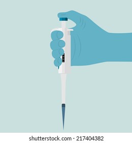 picture of human hand in blue glove holding automatic pipette, flat style illustration