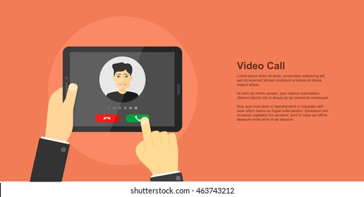 Picture Of Human Hand Holding Digital Tablet With Man Avatar On Its Screen, Video Conference, Online Chat, Video Call Concept, Flat Style Banner