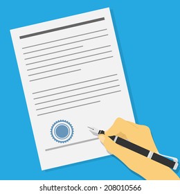 picture of human hand holding an ink pen and signing contract or offer agreement